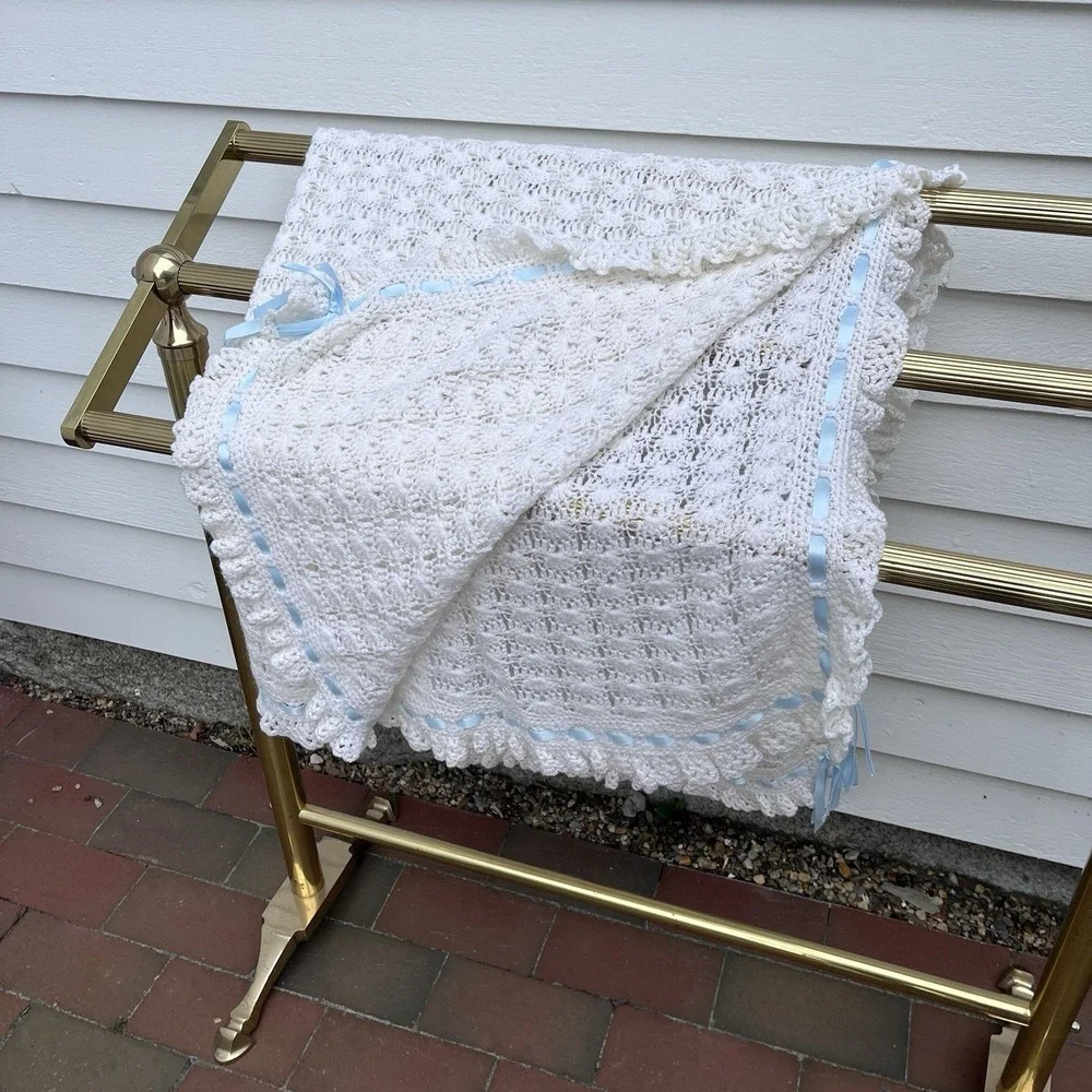 Baby Crochet White Beautiful Blanket With Blue Satin Ribbon Trim, Unused 42